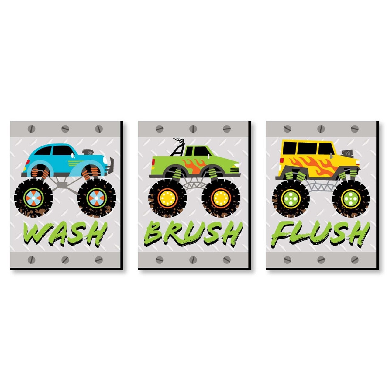 Big Dot of Happiness Smash and Crash - Monster Truck - Boy Kids Bathroom Rules Wall Art - 7.5 x 10 inches - Set of 3 Signs - Wash, Brush, Flush